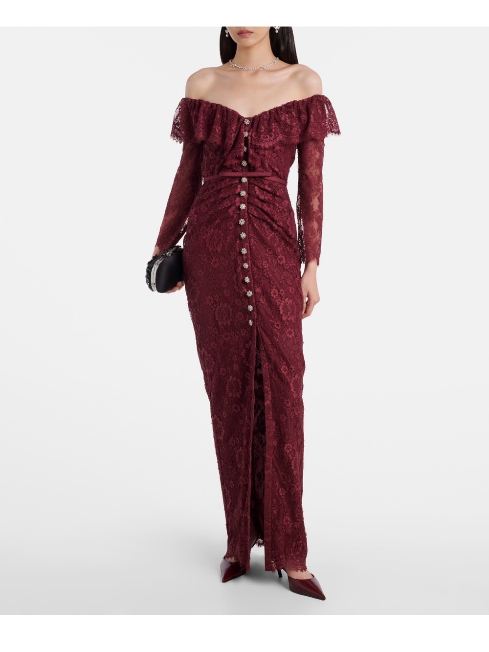Self-Portrait Burgundy Off-Shoulder Lace Maxi Dress